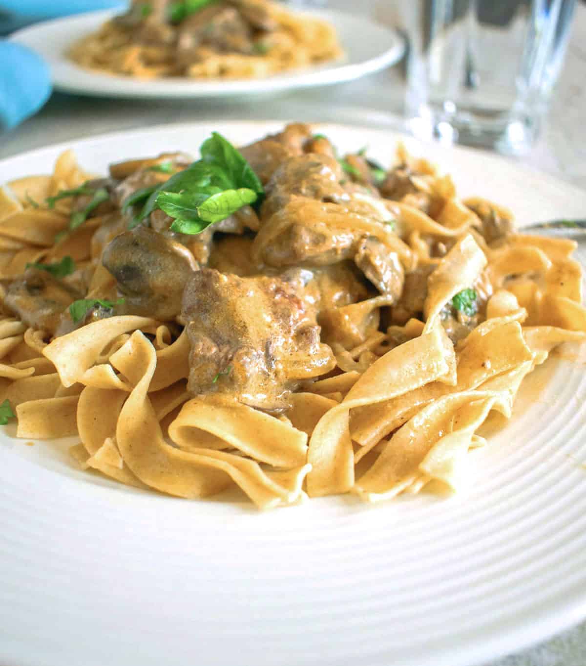 beef stroganoff with mushrooms and noodles on white plate