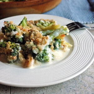 broccoli in white cream sauce with bread crumbs on plate