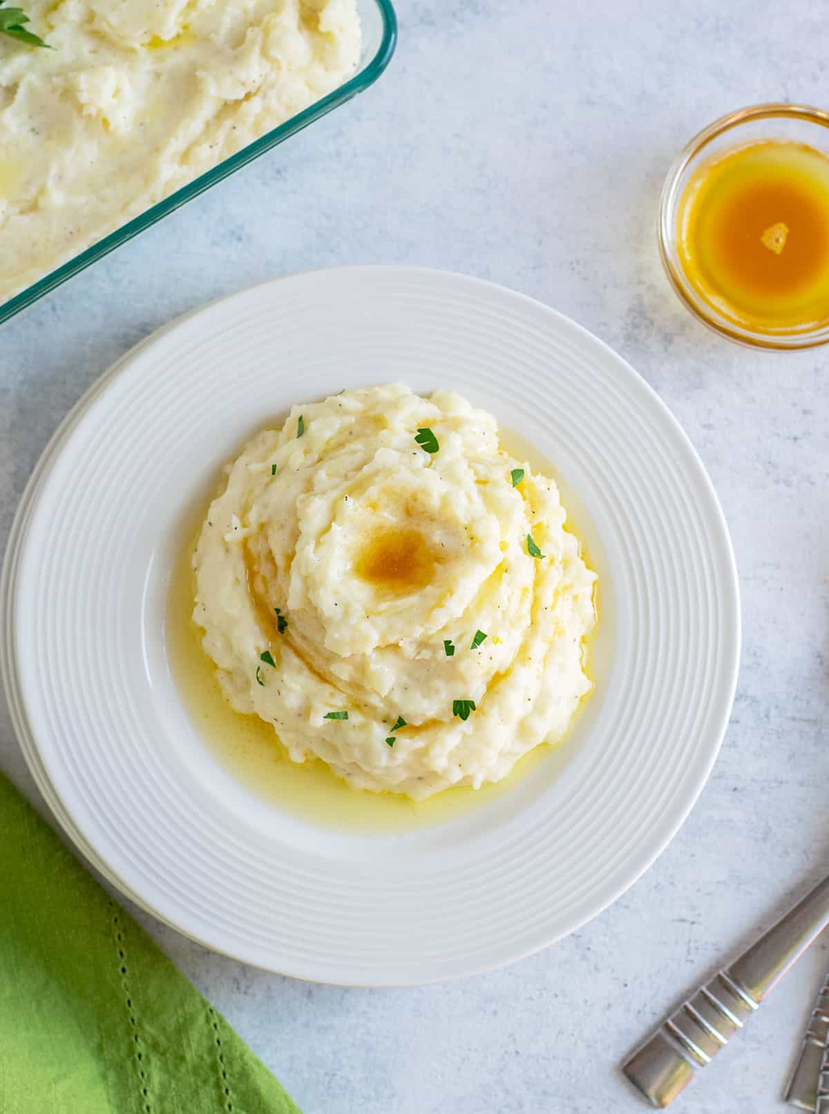 creamy mashed potatoes with brown butter on plate 