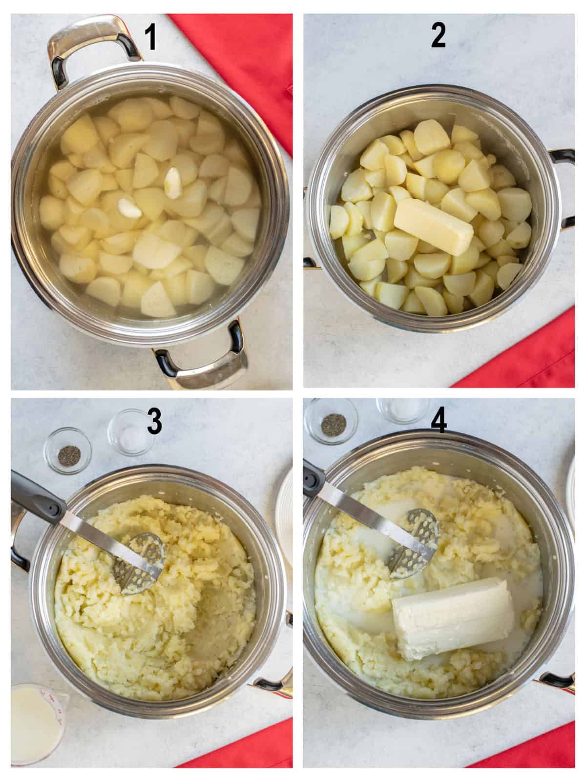 potatoes in pot of water, potatoes with butter, mashed potatoes, cream cheese, milk added