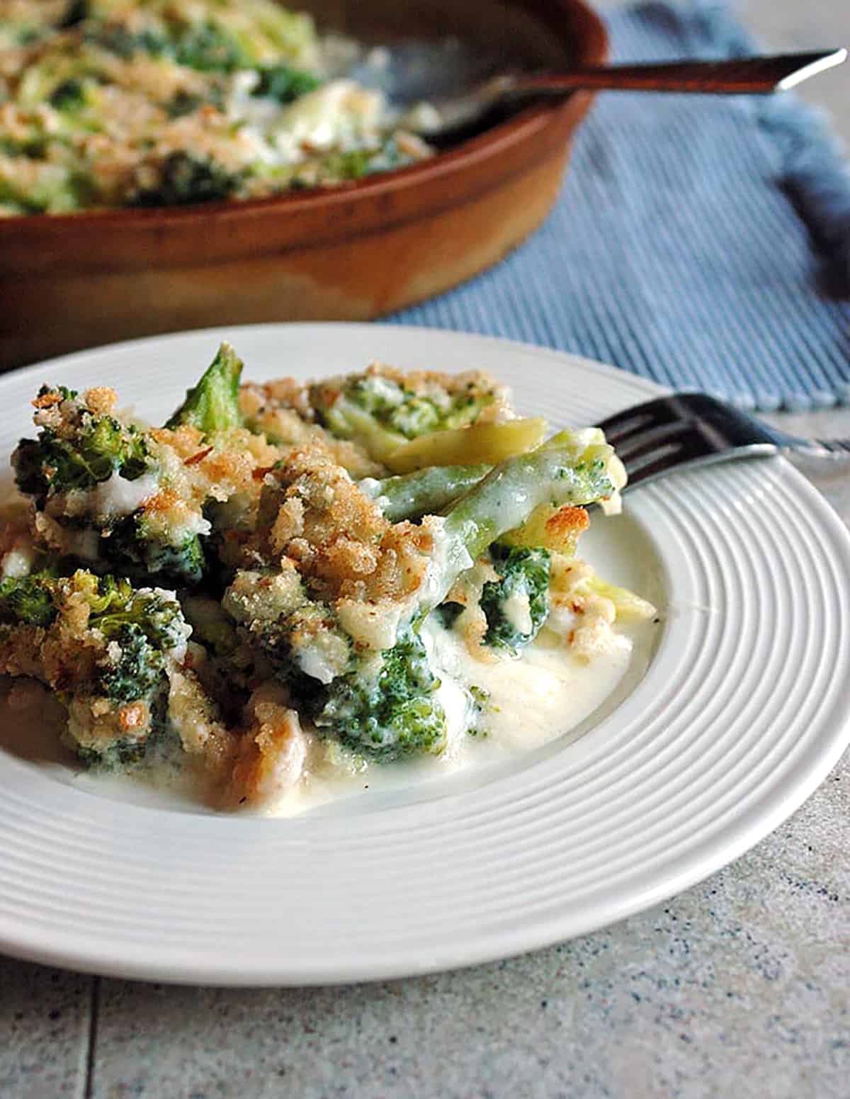 Broccoli au Gratin on a plate with fork