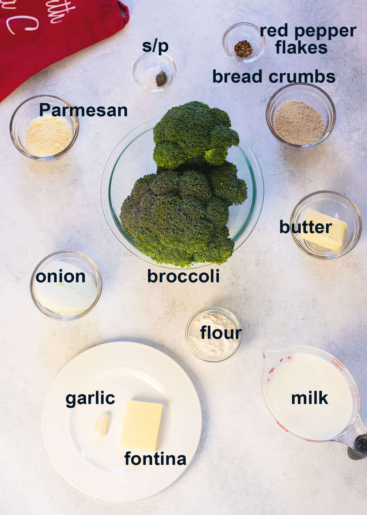 broccoli, cheese, butter, milk, onion, flour, garlic, seasonings, bread crumbs