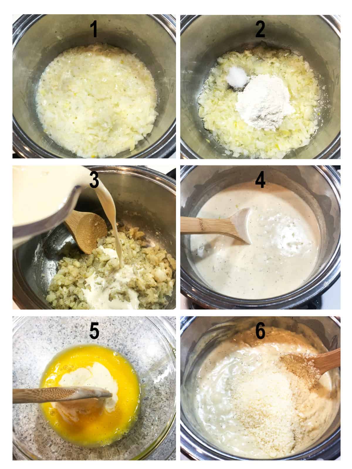 collage of process to make creamy sauce with onions, egg yolks and parmesan