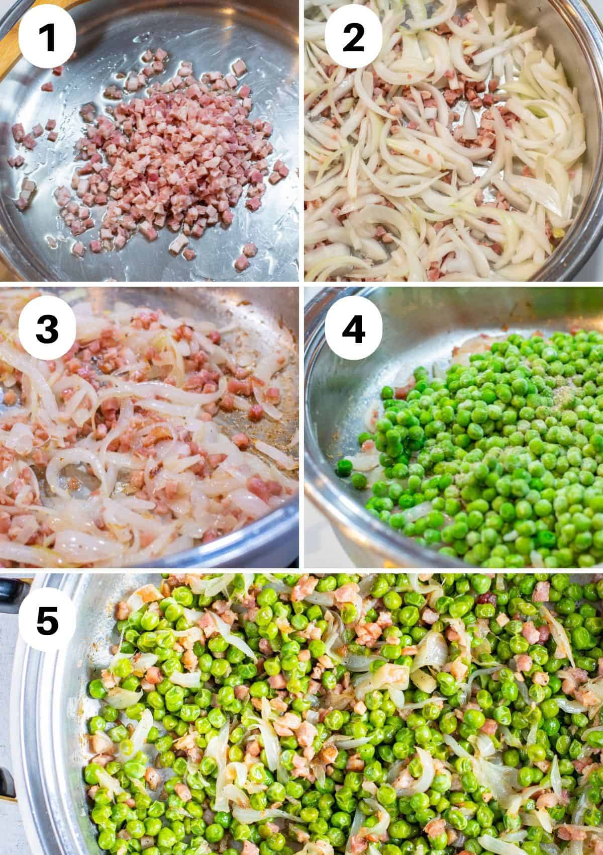 cooking pancetta, onions and peas in pan