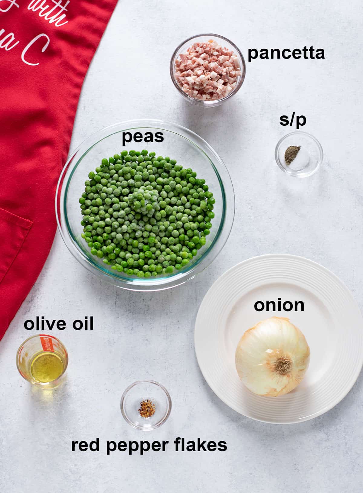 frozen peas, pancetta cubes, onion, oil seasonings