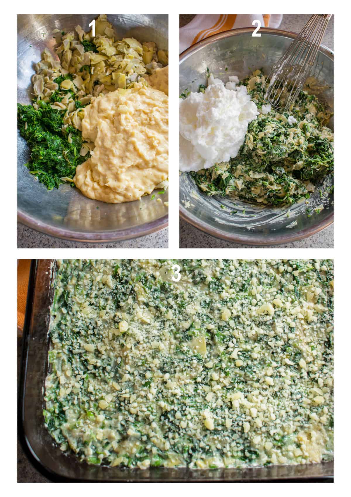 spinach, artichokes and cream sauce in bowl, beaten egg whites added, mixed casserole