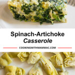 pinnable image for spinach artichoke casserole with artichoke hearts on bottom