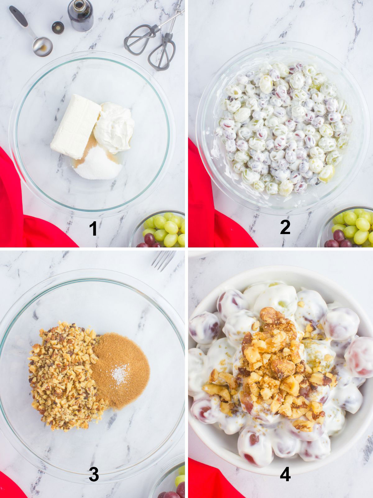cream cheese in bowl, creamy grapes, brown sugar and nuts, grape salad with nuts