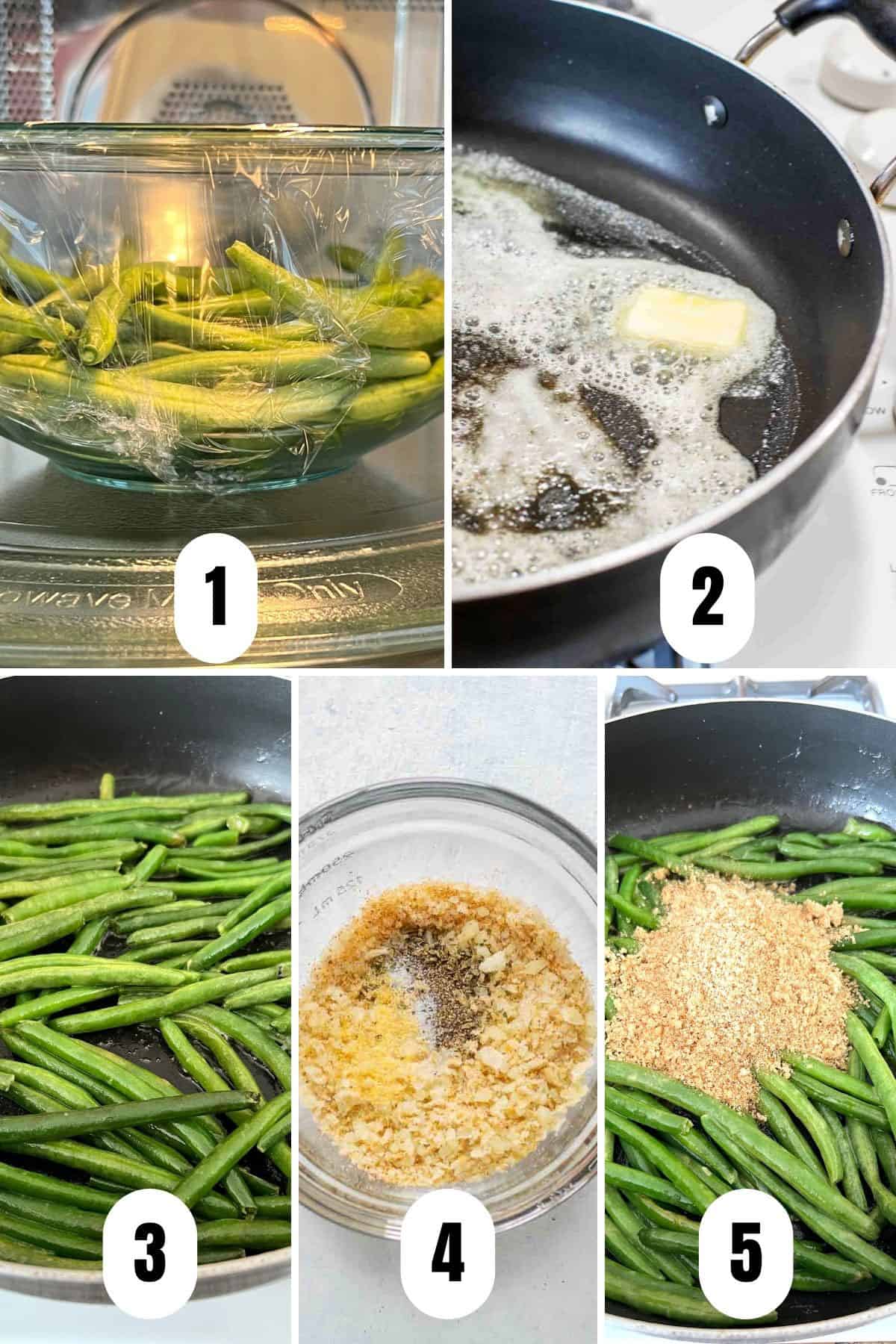 cooking green beans in microwave, then pan with butter and bread crumbs