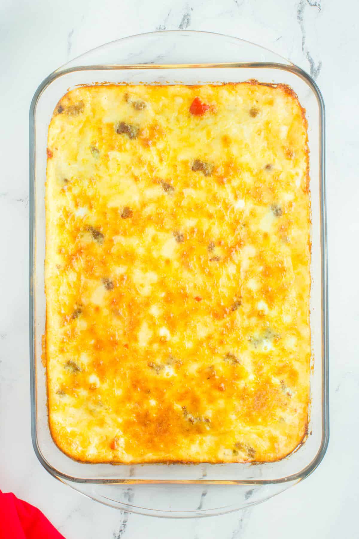 baked sausage and egg breakfast casserole in pan