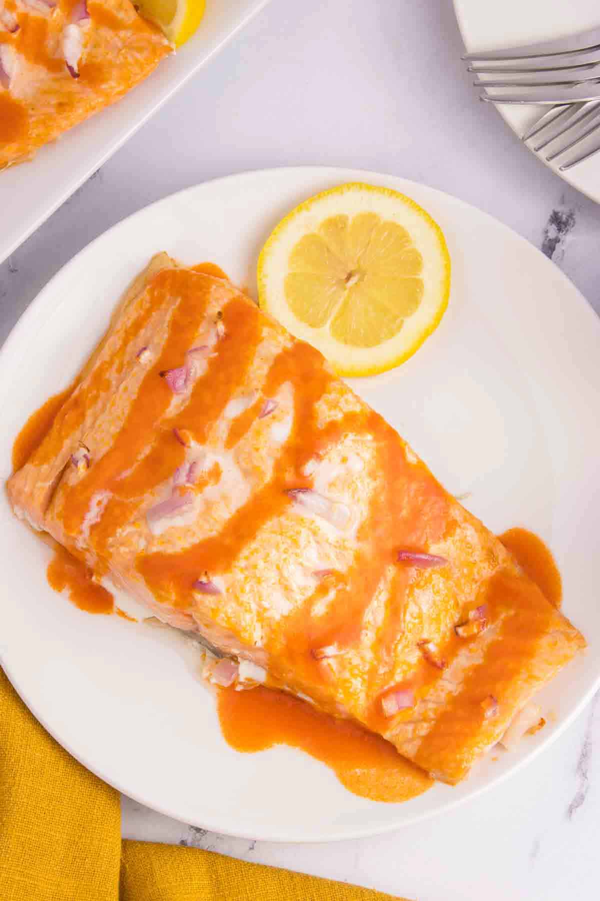 salmon with mayo, onions and Buffalo sauce