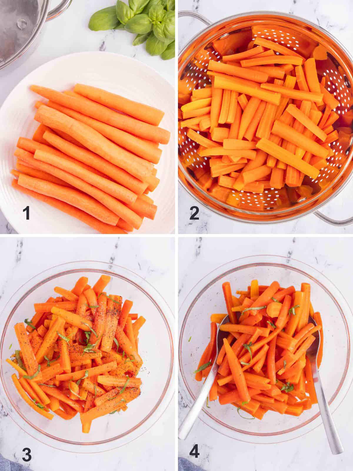 peeled carrots, draining carrots, cooked carrots in bowl, carrot salad with serving spoons