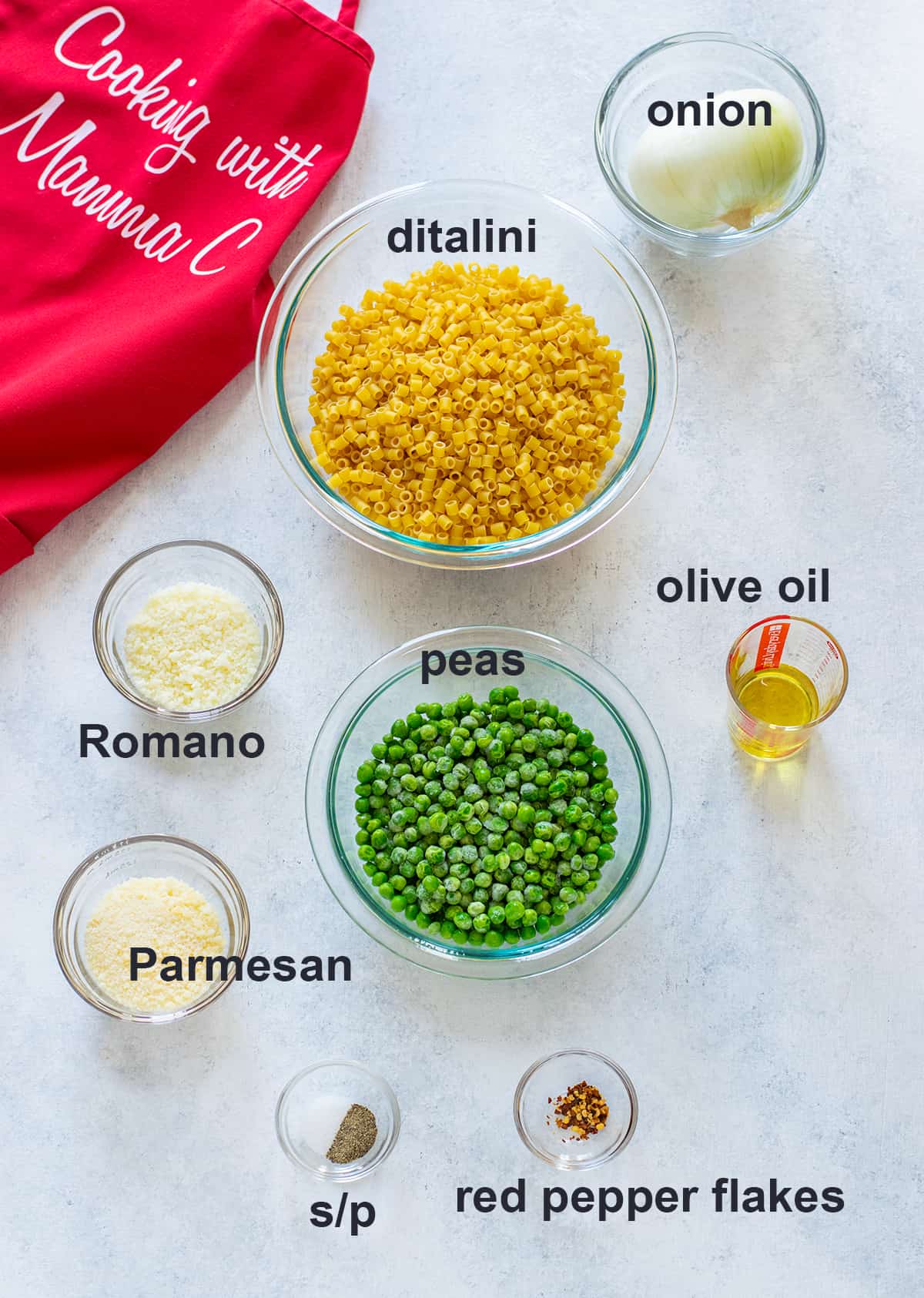 dry pasta, peas, onion, olive oil, cheeses, seasonings