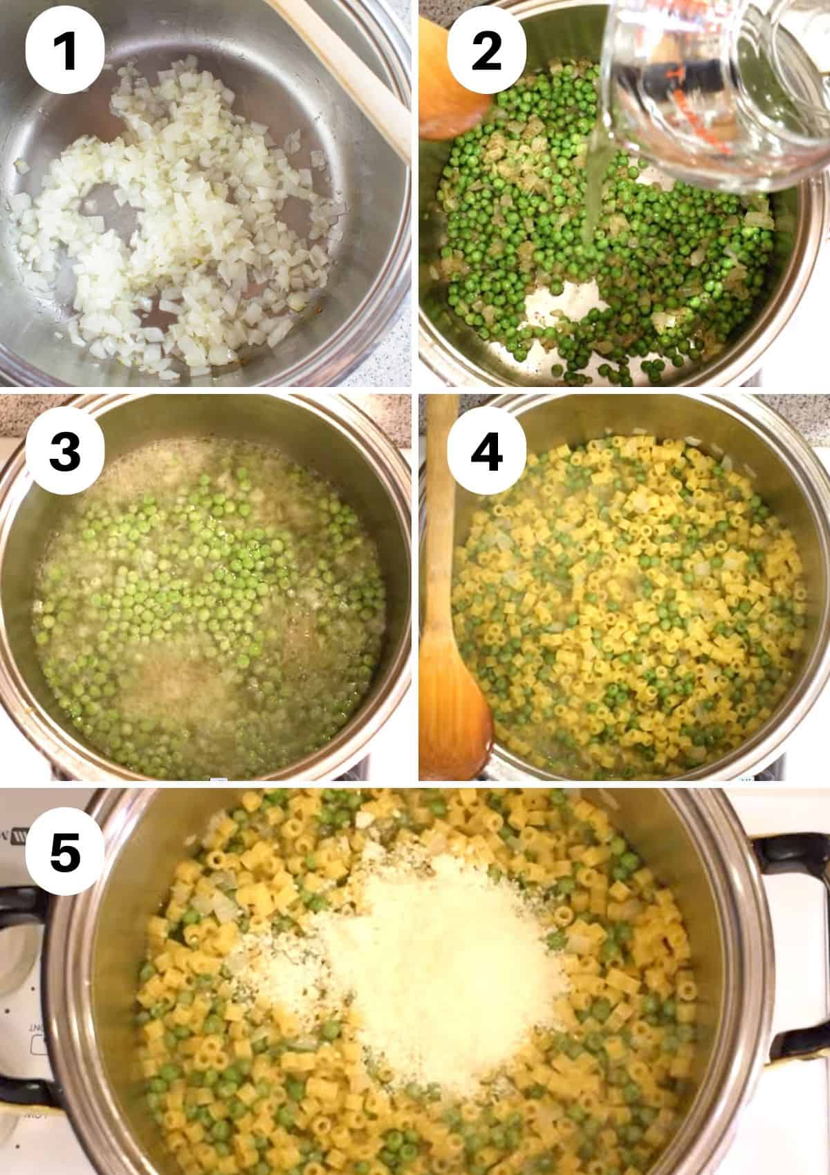 collage of cooking onions, peas and making pasta with peas in a pot