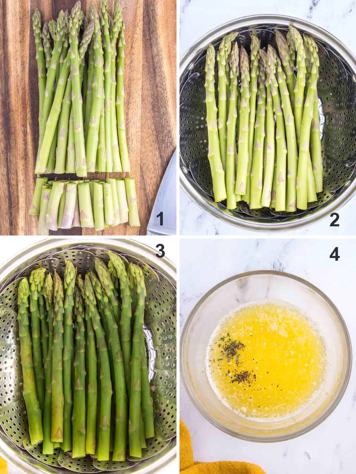 asparagus with bottoms trimmed off, asparagus in steamer basket, seasoned melted butter