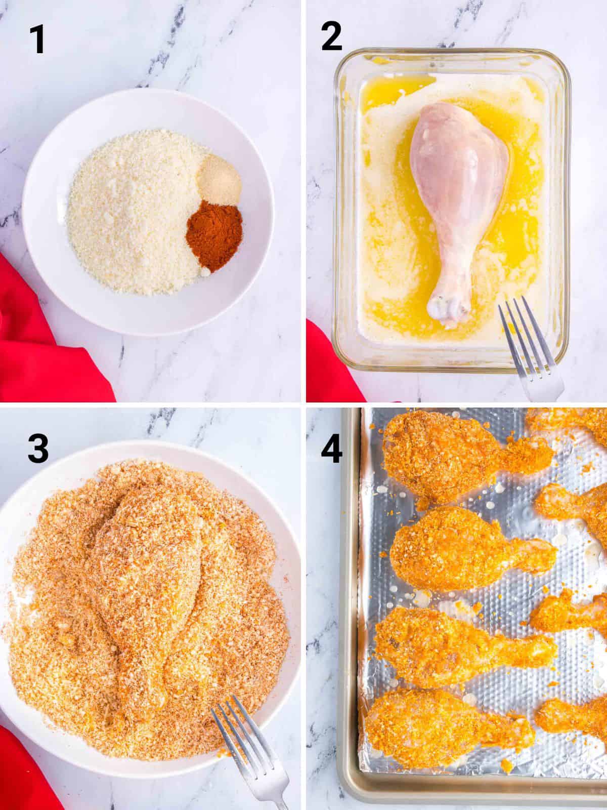 seasonings, chicken leg in butter, drumstick in coating, chicken drumsticks on baking sheet