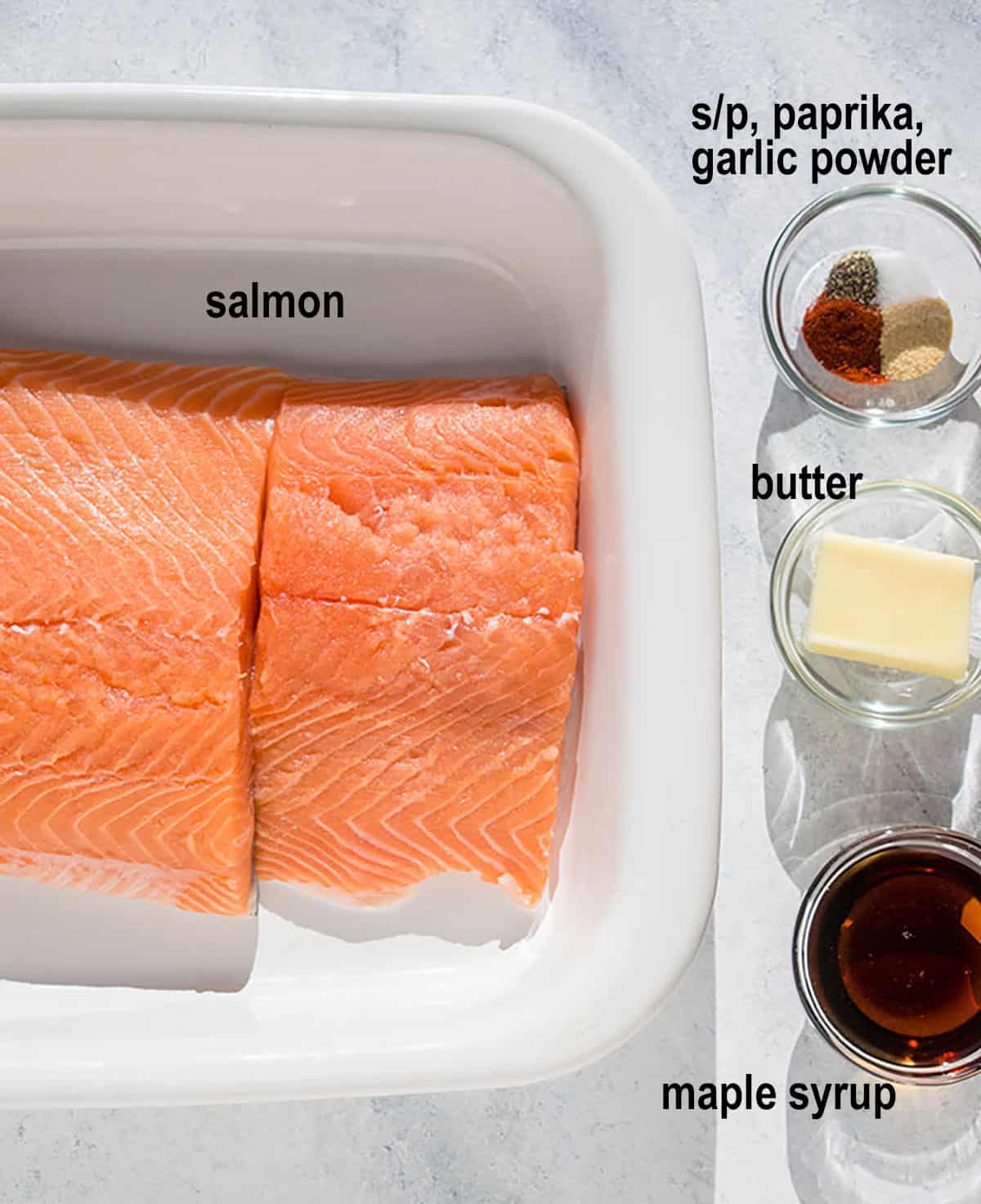 raw salmon, seasonings, butter, maple syrup