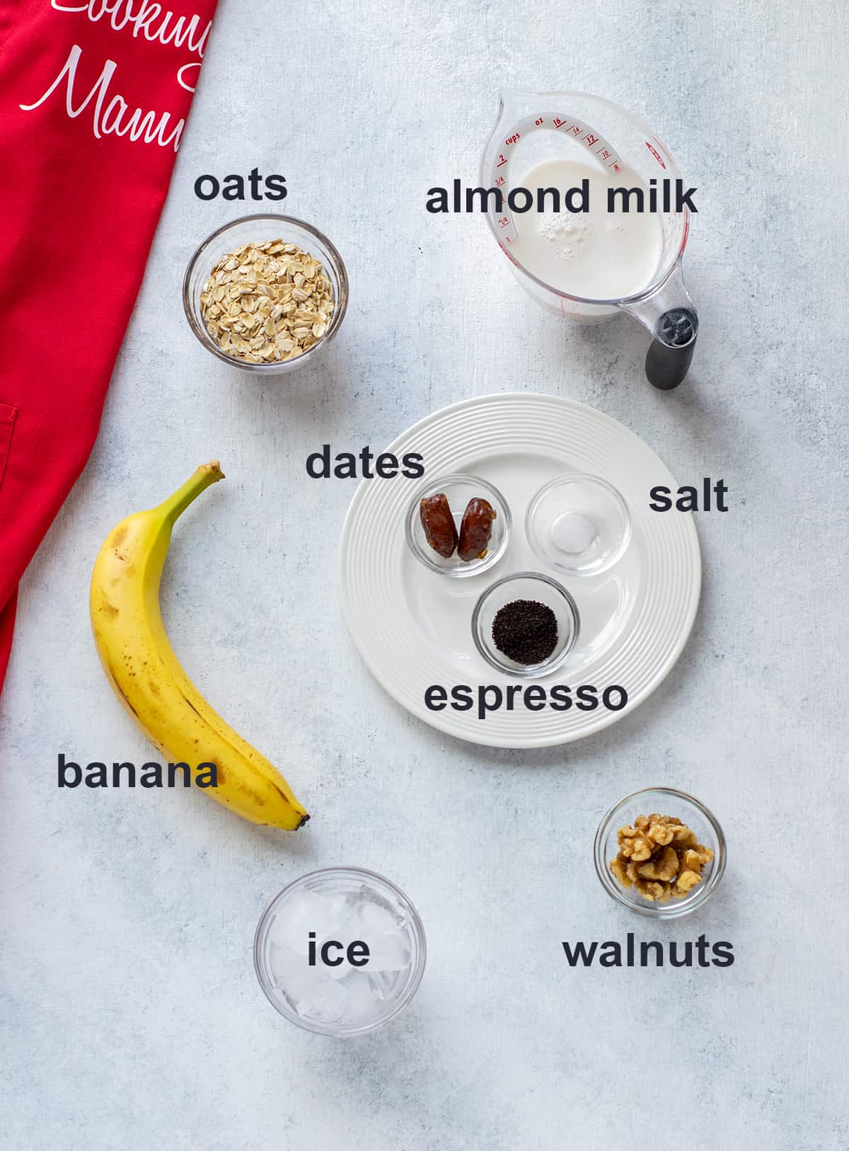 oats, almond milk, banana, dates, espresso, salt, ice, walnuts.