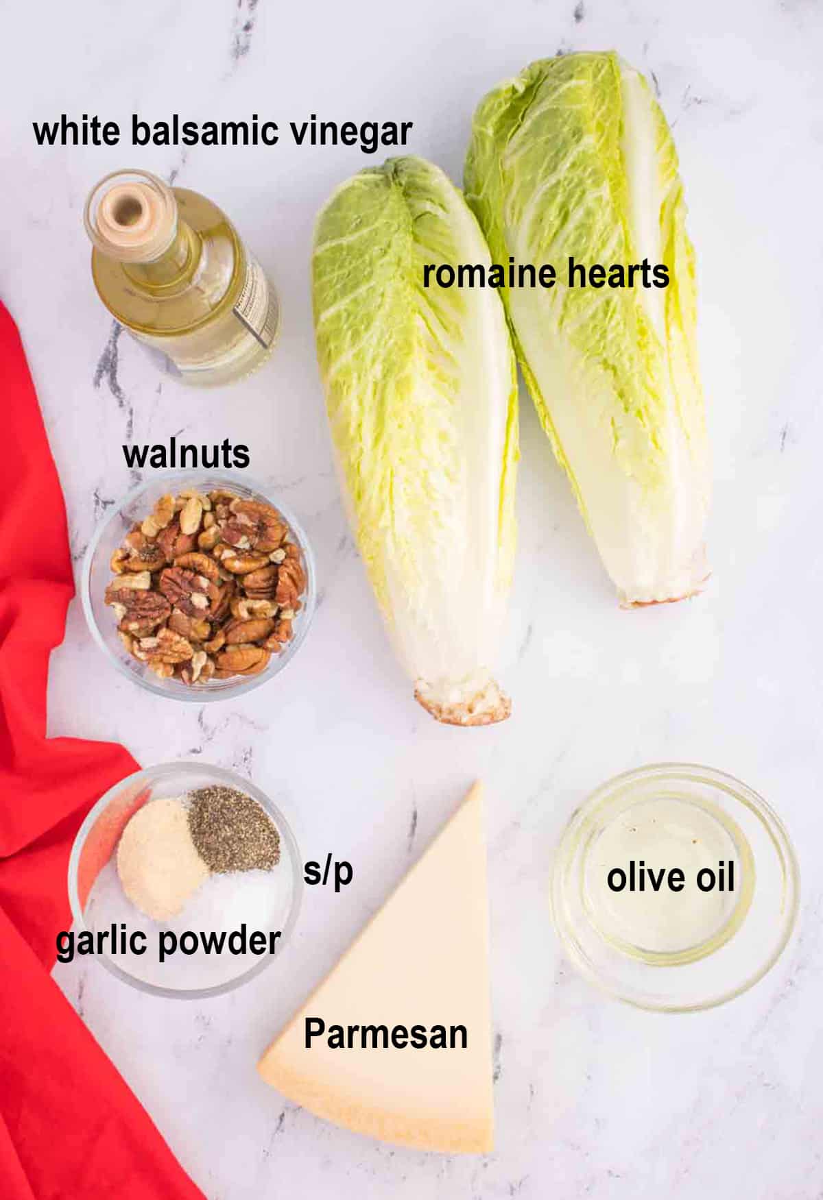 romaine hearts, Parmesan wedge, walnuts, oil, seasonings, vinegar