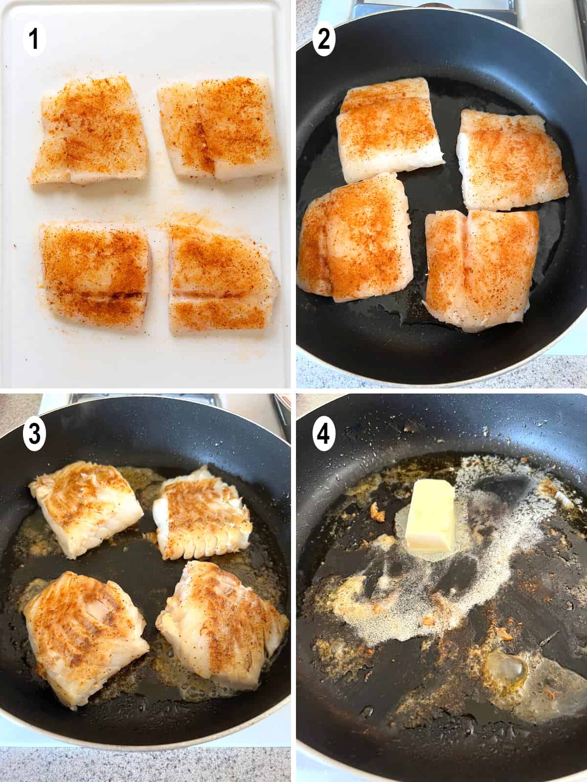 seasoned cod, fish cooking in pan, browned cod, melting butter in pan