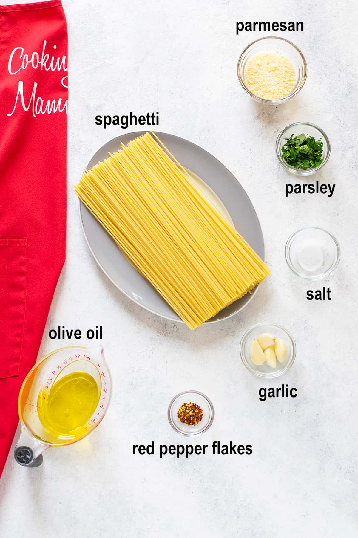 parmesan, spaghetti, parsley, salt, olive oil, garlic, red pepper flakes.