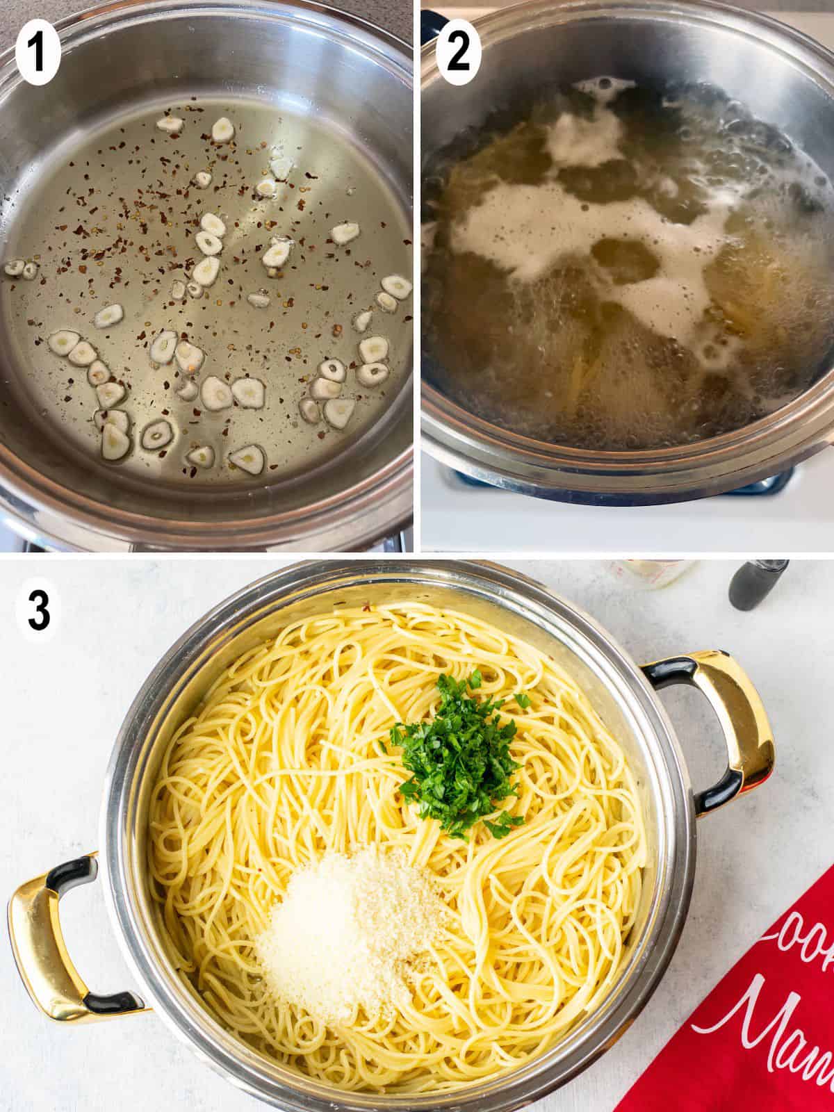 garlic, pepper flakes, oil. spaghetti boiling. cooked spaghetti with cheese and parsley.