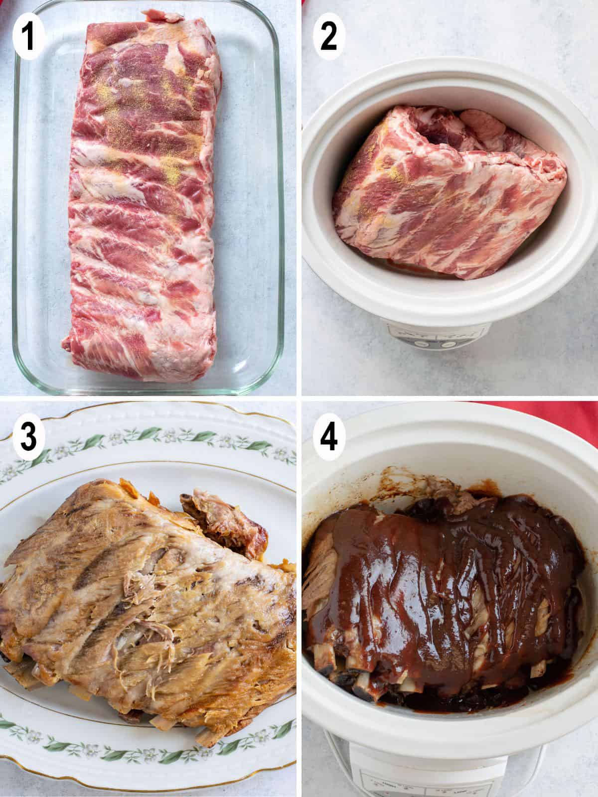 raw ribs in pan, crockpot, cooked, sauced.