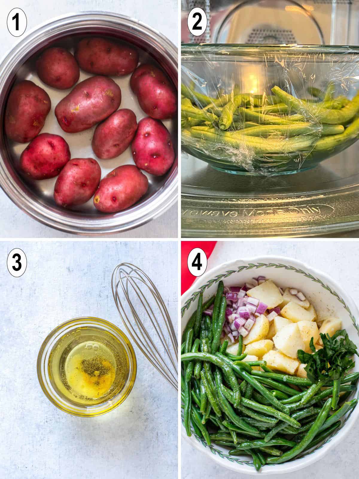 boil potatoes, cook green beans, combine ingredients