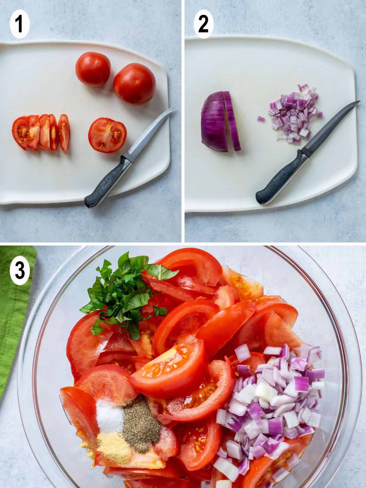 cut tomatoes. cut onions. chopped ingredients in a bowl.