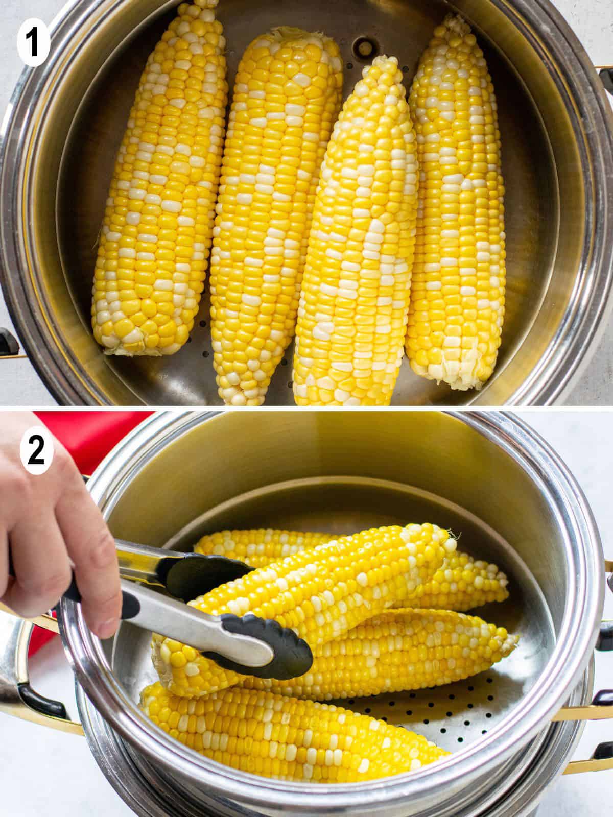 corn on the cob in steamer, tongs picking up one ear of corn