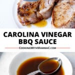 Pin image for Carolina Vinegar BBQ Sauce by Cooking with Mamma C. Sauce being poured over lamb chops. Sauce in a bowl with a spoon.