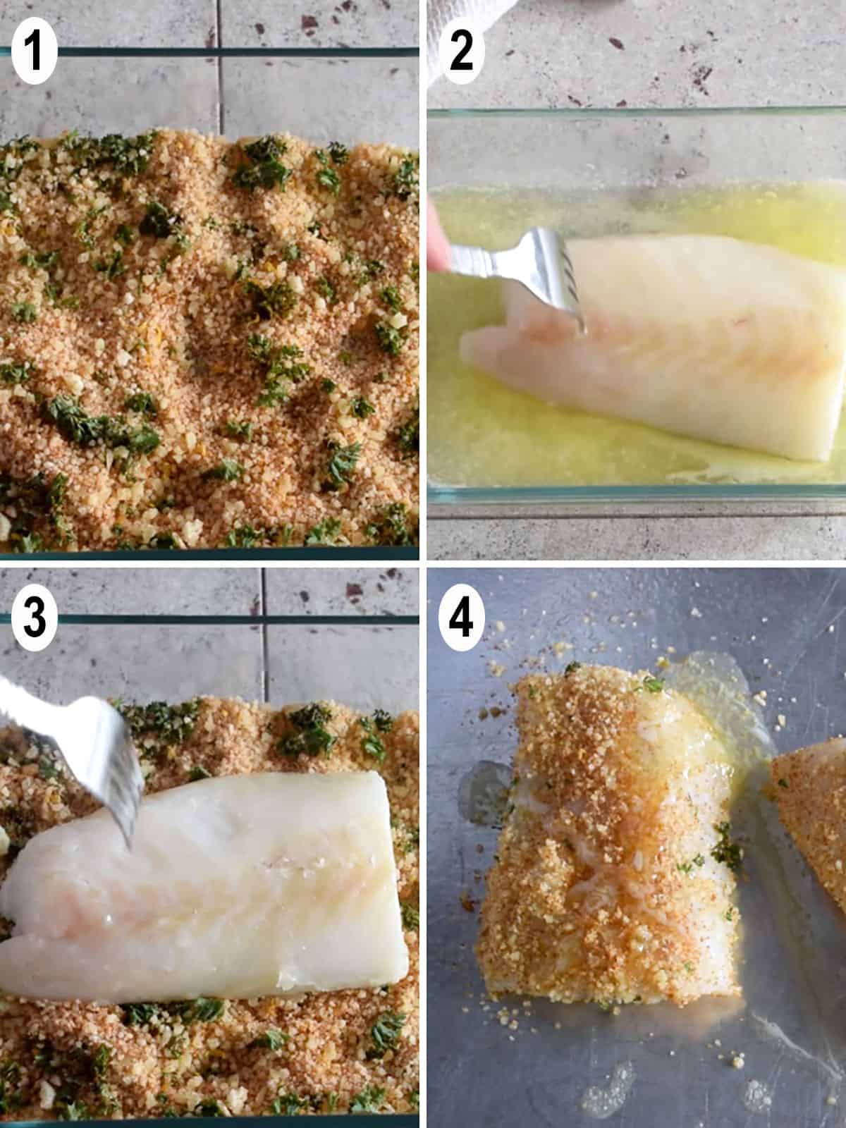 cheese mixture, cod dipped in butter, cod dipped in cheese mixture, cod in pan