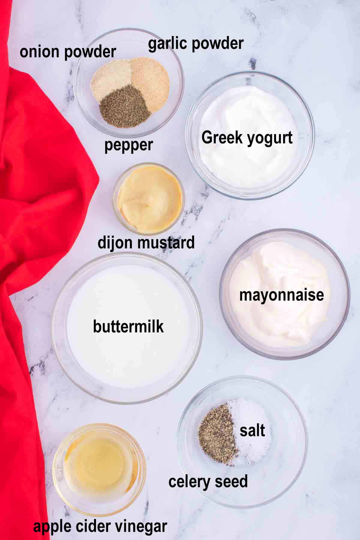 onion powder, garlic powder, pepper, greek yogurt, dijon mustard, mayonnaise, butter milk, salt, celery seed, apple cider vinegar.