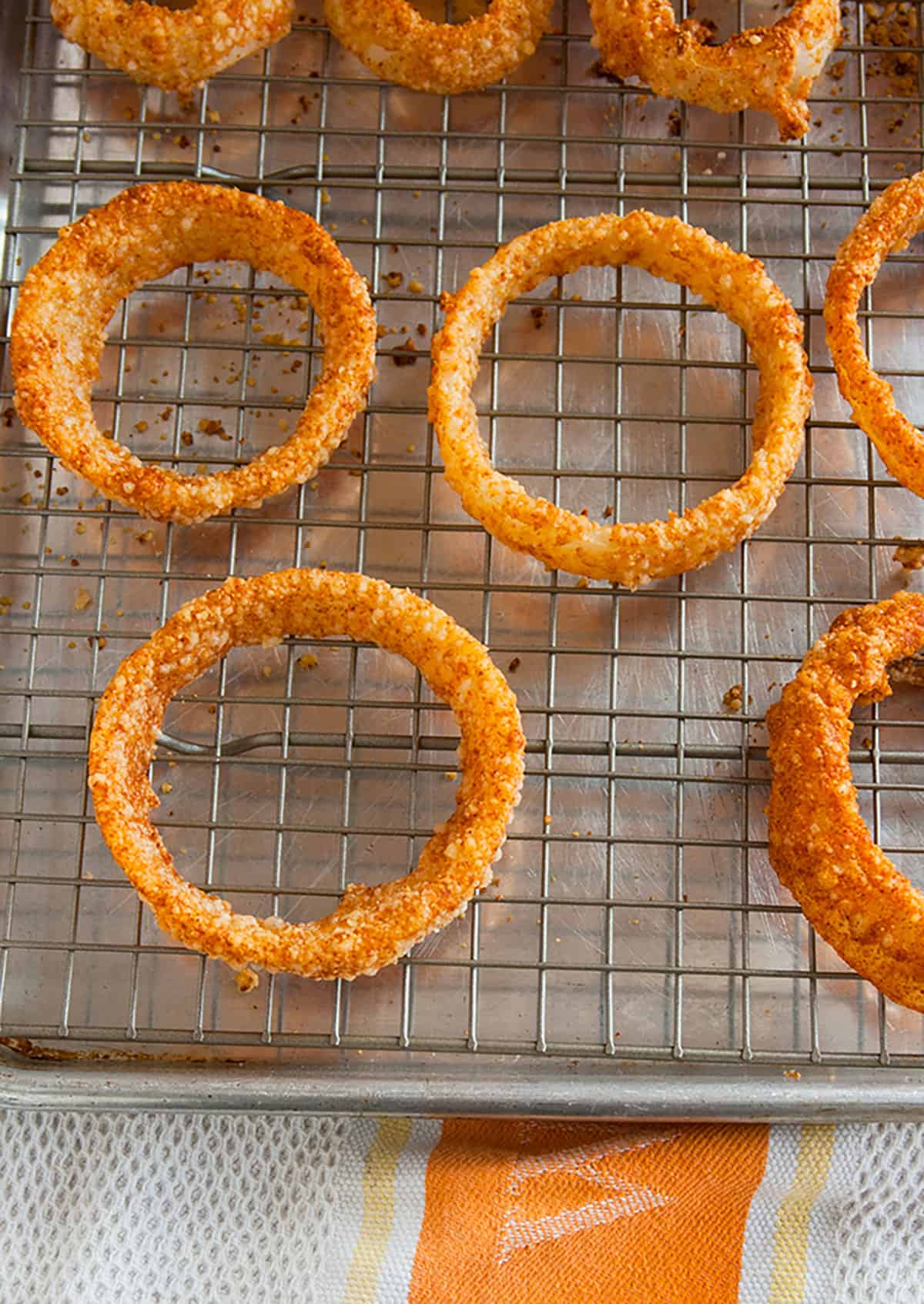 onion rings on a baking sheet.