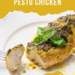 pinnable image for baked pesto chicken.