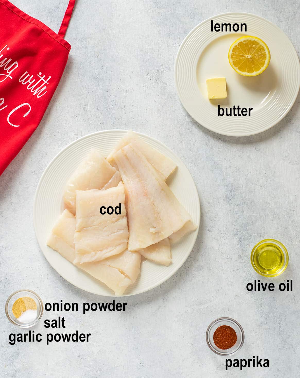raw cod fish, butter, lemon, oil, seasonings.
