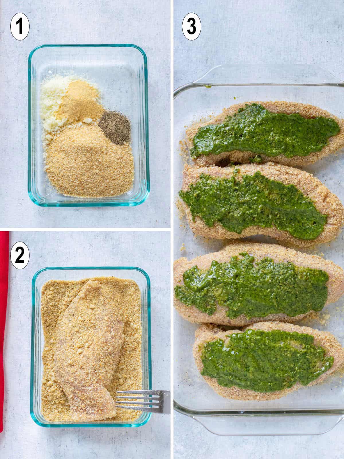 bread crumbs, cheese, seasonings, chicken in bread crumbs, chicken breasts topped with pesto