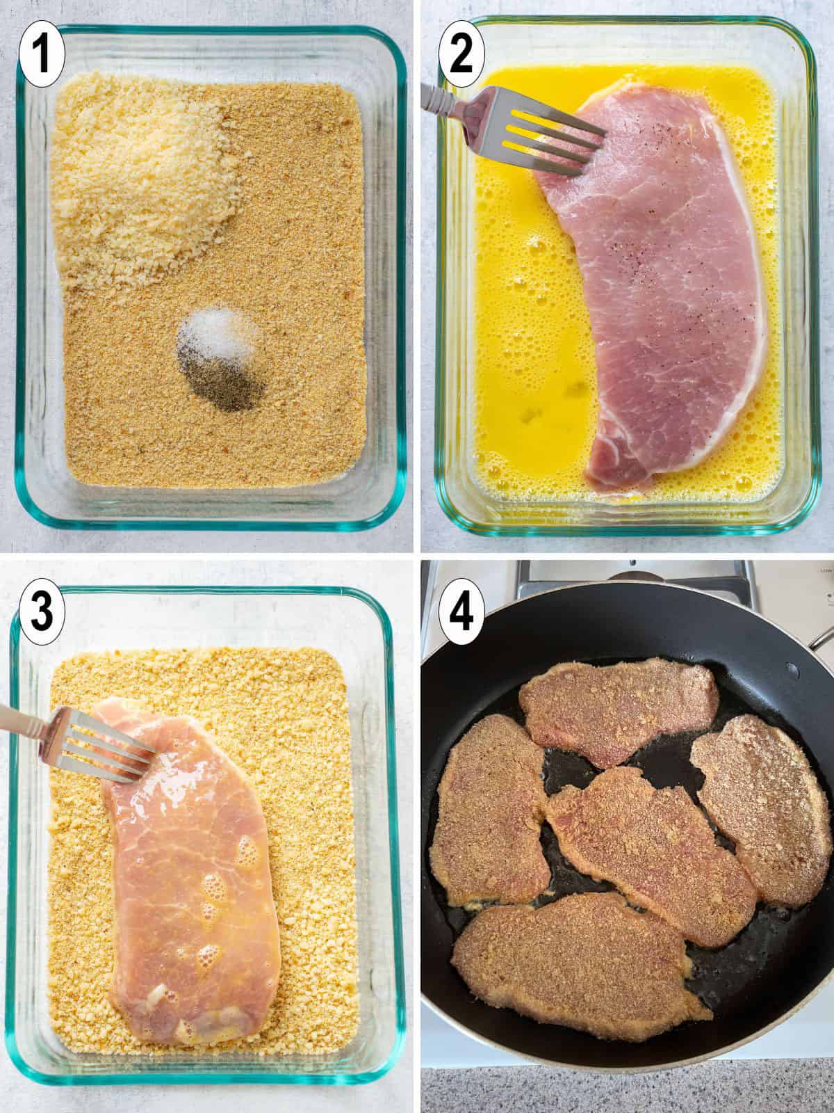 bread crumb mixture. egg wash. bread crumbs. fry in pan.