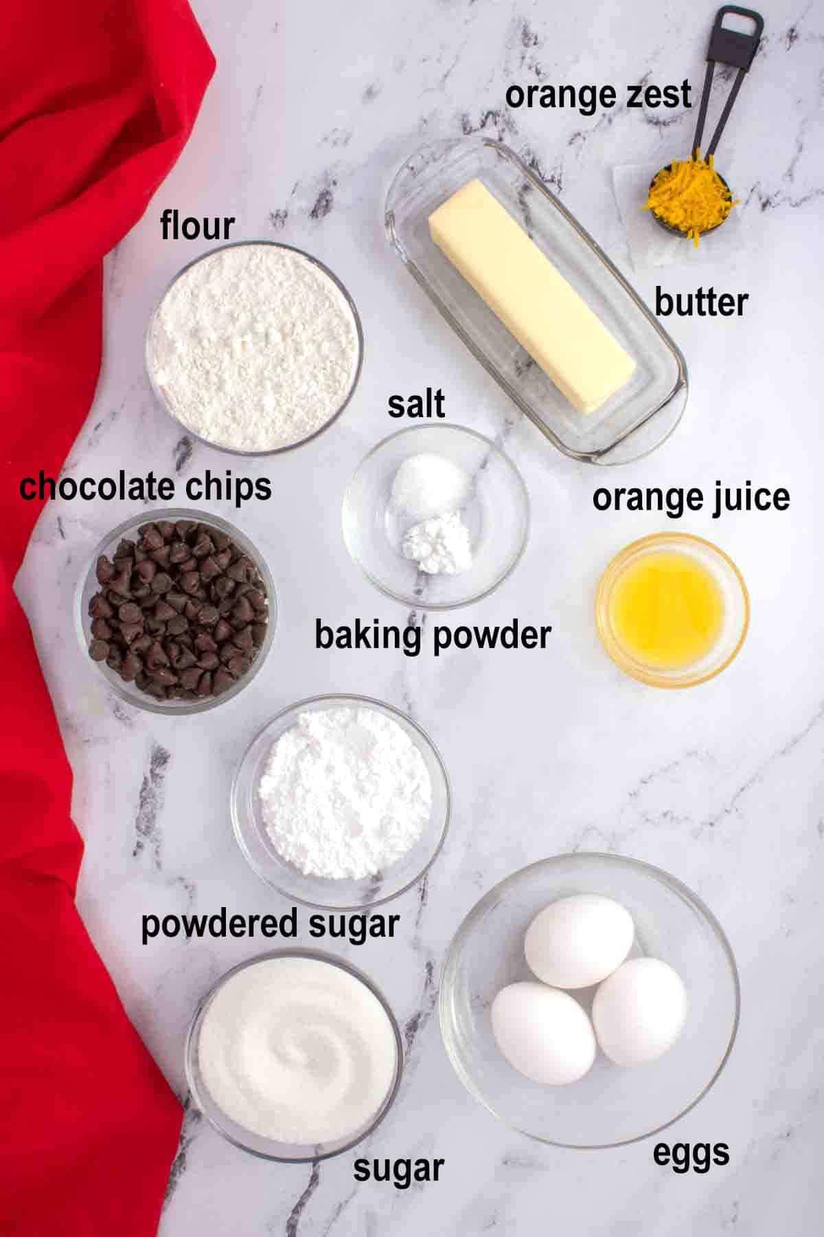 orange zest, flour, salt, butter, chocolate, orange juice, baking powder, sugars, eggs