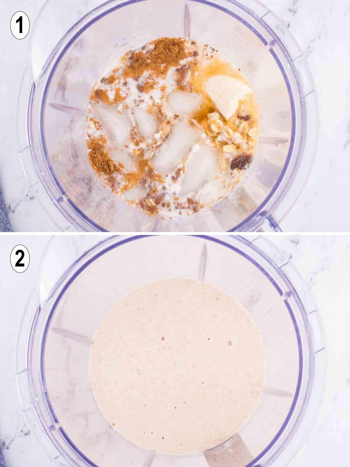 smoothie ingredients in blender. blended together.