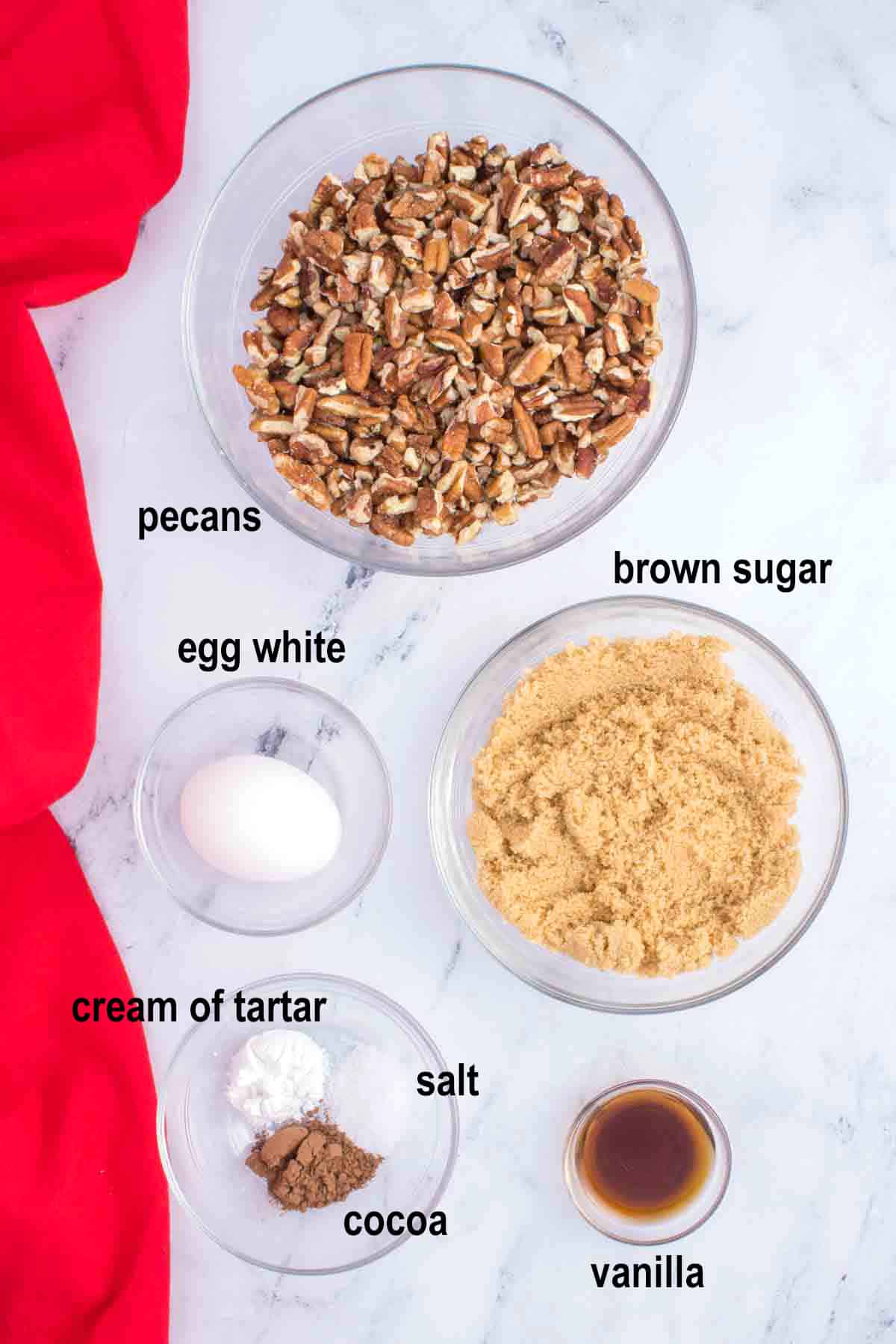 pecans, egg white, brown sugar, cream of tartar, salt, cocoa, vanilla.