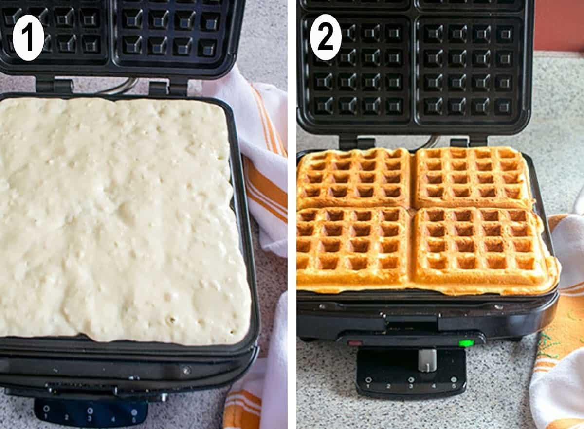 batter in waffle iron. cooked waffles.