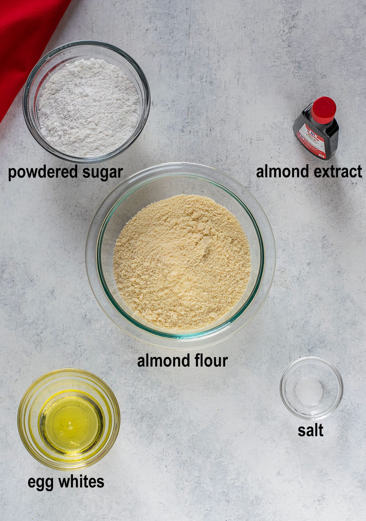 powdered sugar, almond extract, almond flour, egg whites, salt.