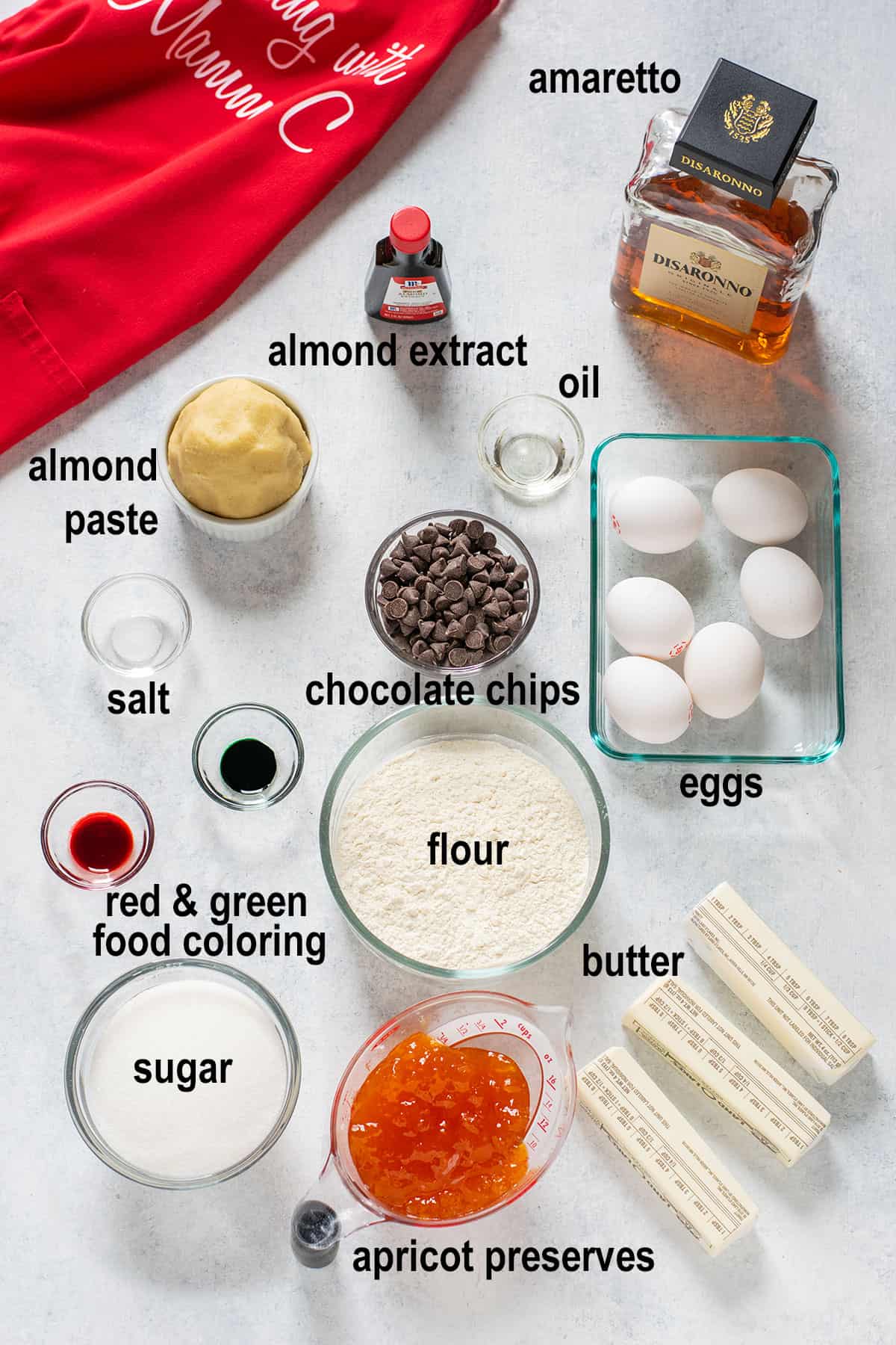 amaretto, almond extract, almond paste, oil, salt, chocolate, eggs, coloring, butter, sugar, preserves