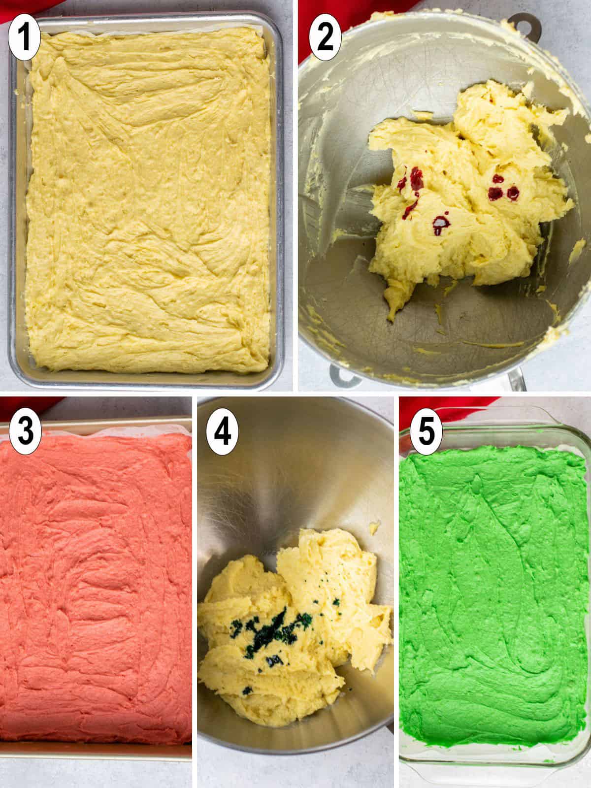 white, red and green batter made and put into separate pans