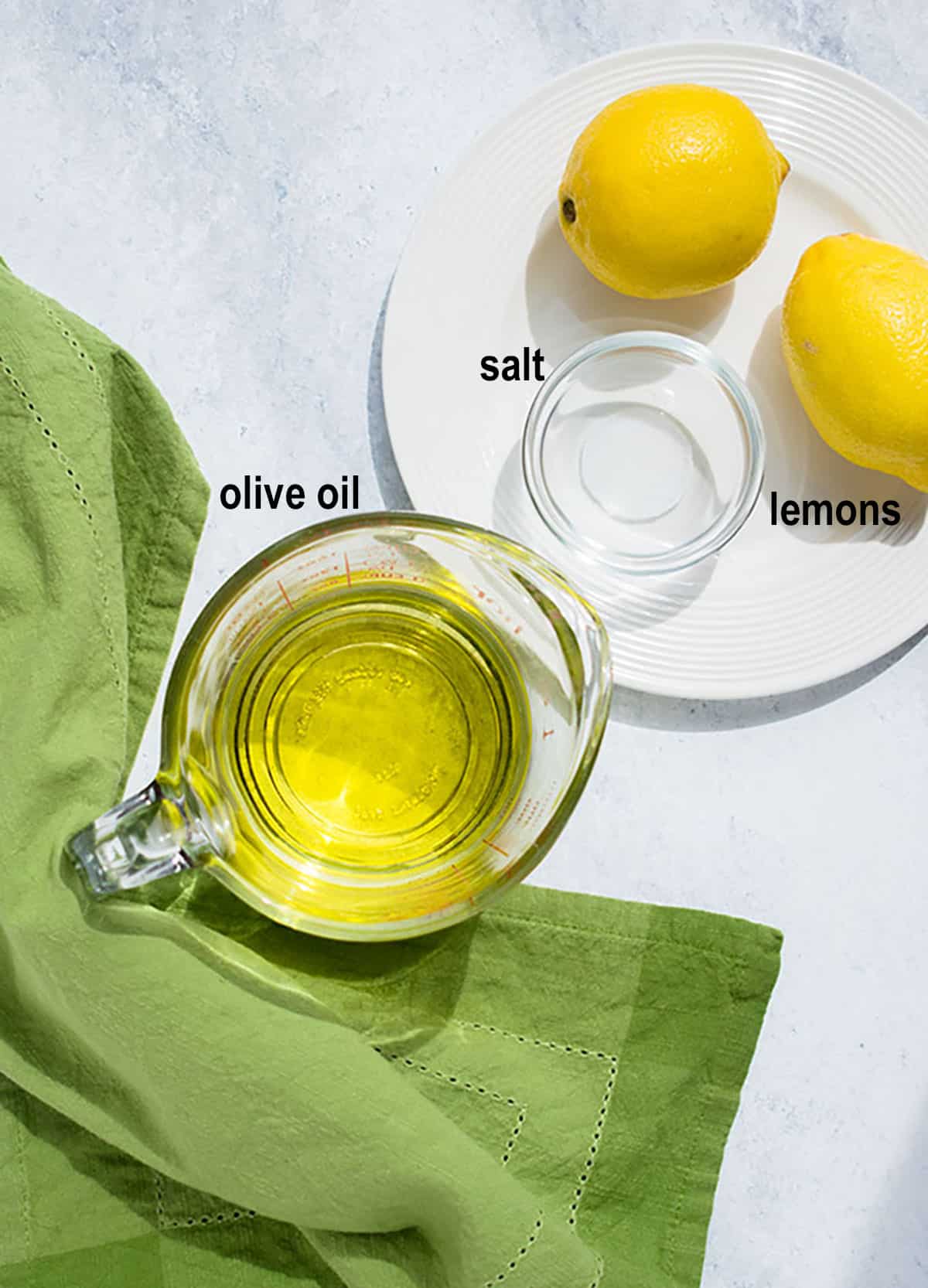 salt, olive oil, lemons