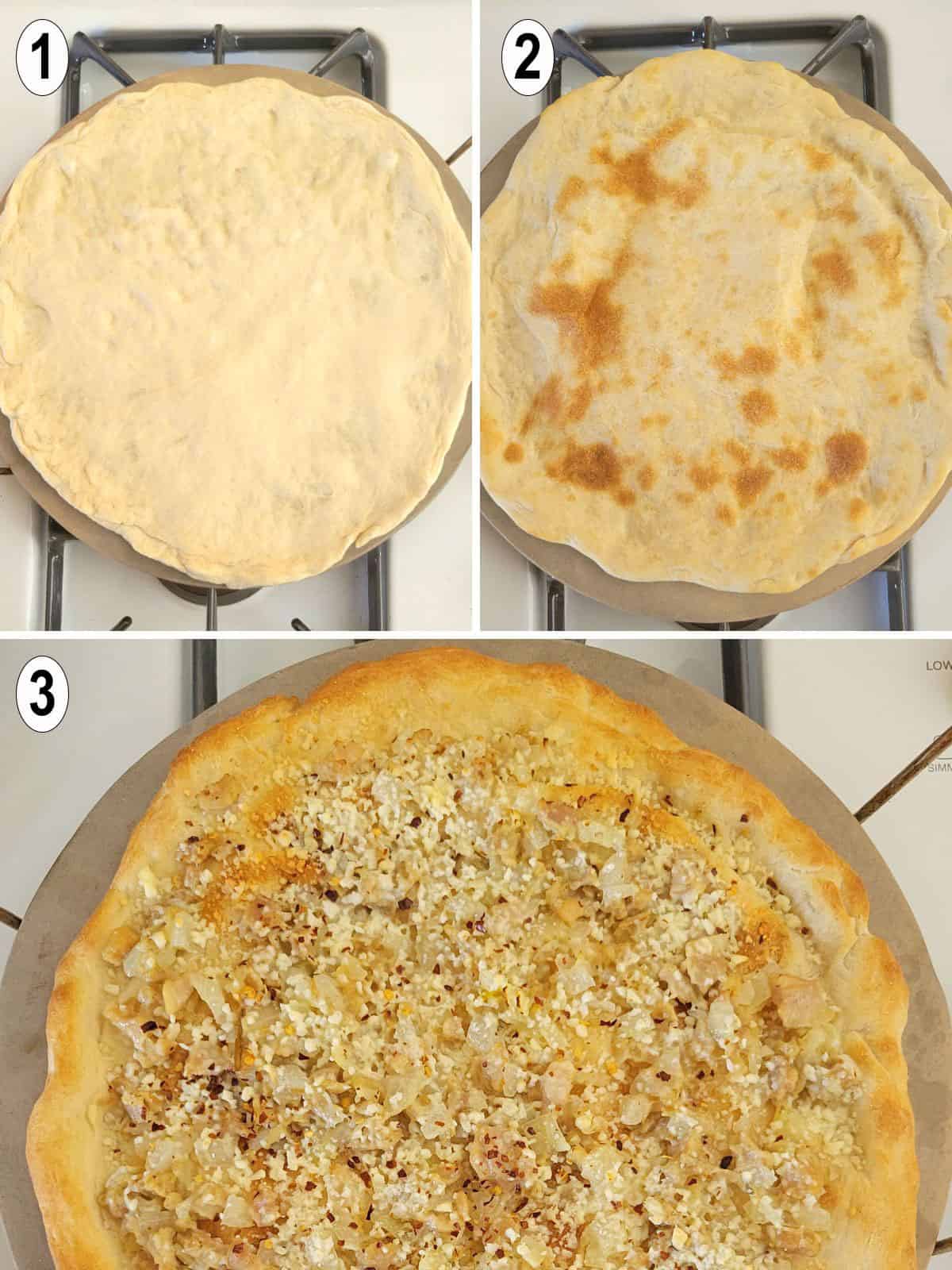 raw dough stretched on a pizza stone. par-baked. baked white pizza.