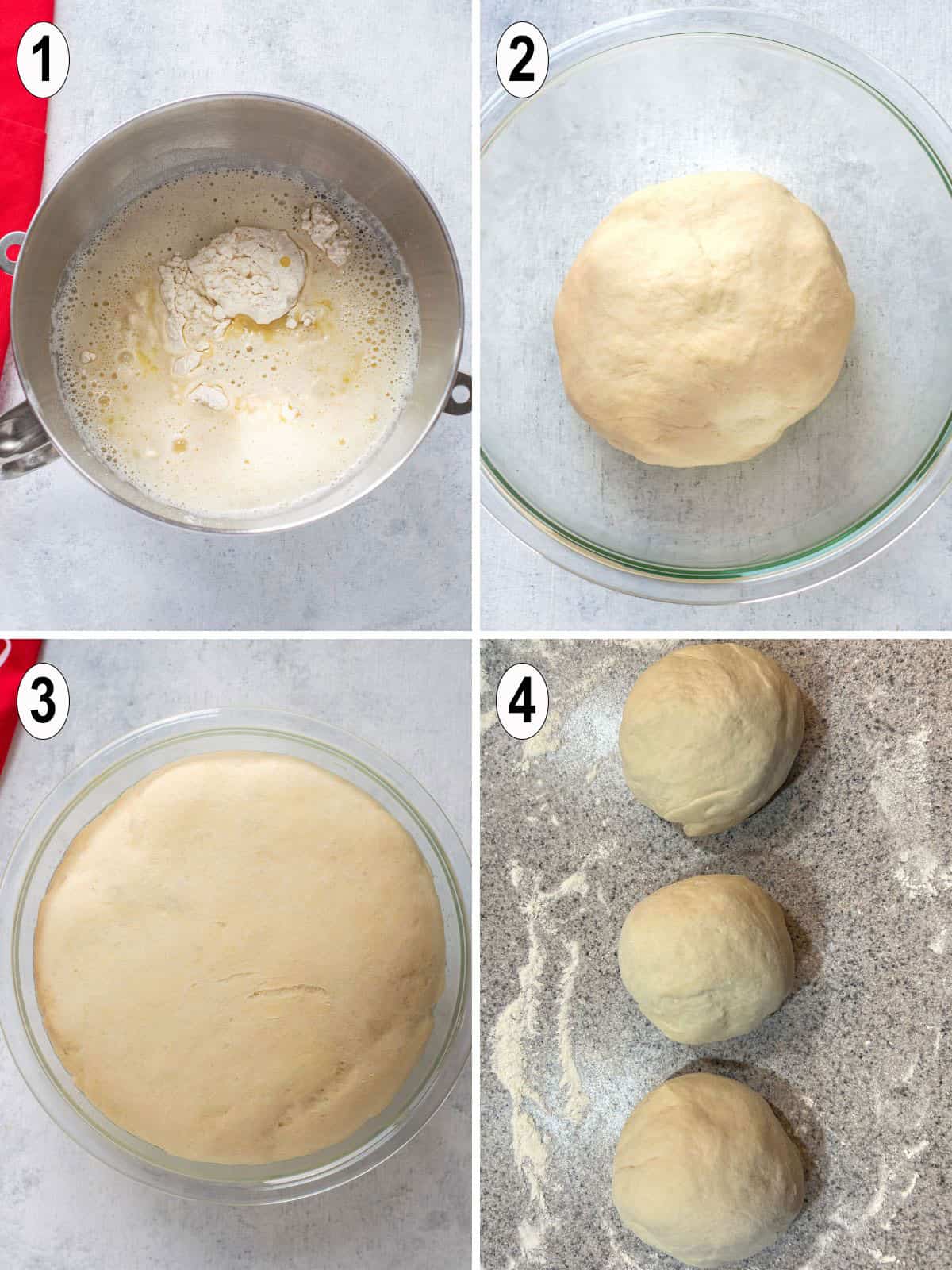 dough ingredients mixed to form ball of dough. risen and divided into three