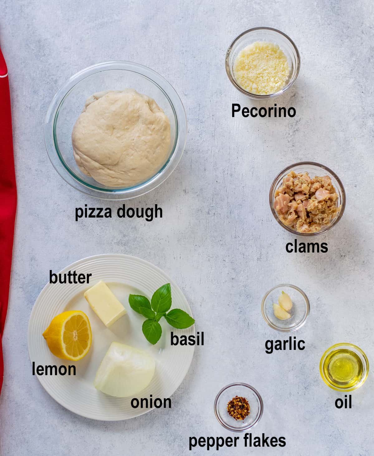 Pecorino, dough, clams, butter, basil, lemon, garlic, onion, pepper flakes, oil