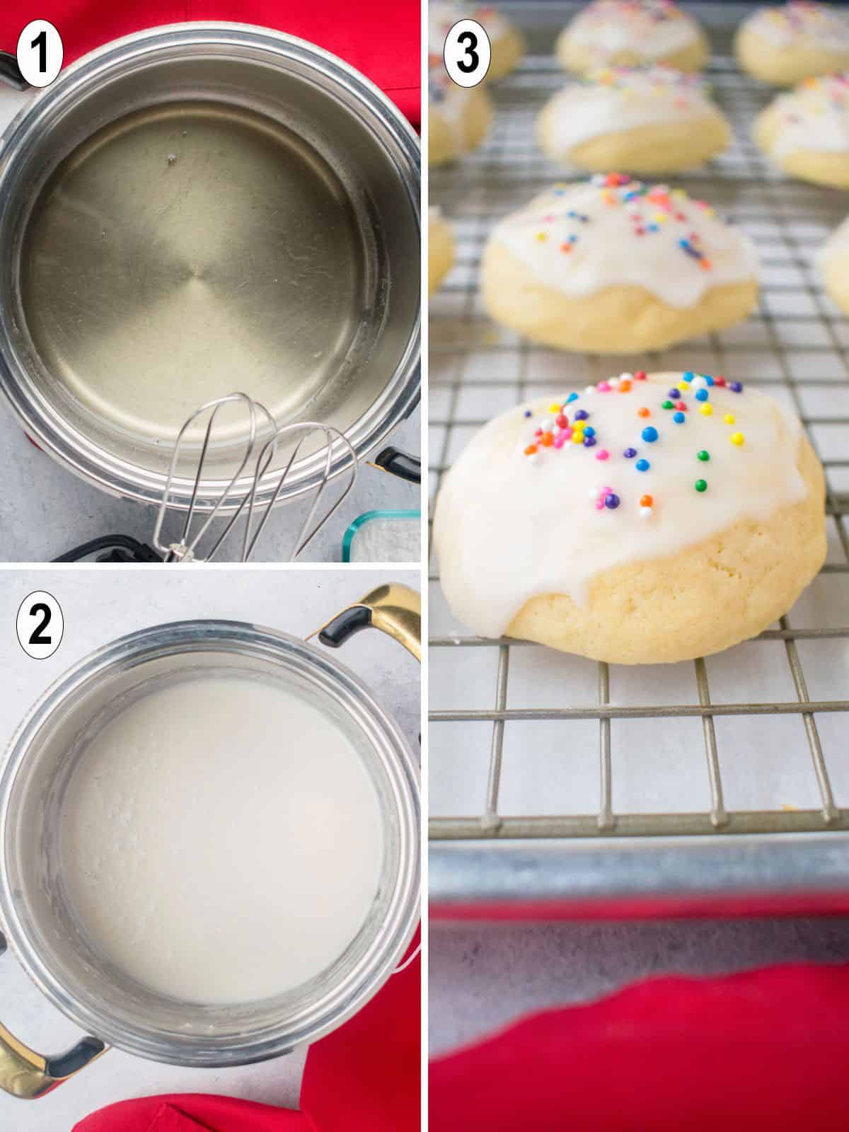 ingredients in pot. mixed and thickened. glaze and sprinkles on cookies.